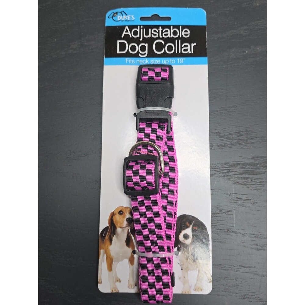 Fashion Adjustable Nylon Dog Collar - Pink Checkerboard - Neck Size Up To 19"